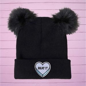 Dolls Kill Black Pom Pom Heart Beanie
